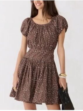J. Crew Brown Micro Floral Puff-Sleeve Mini Dress